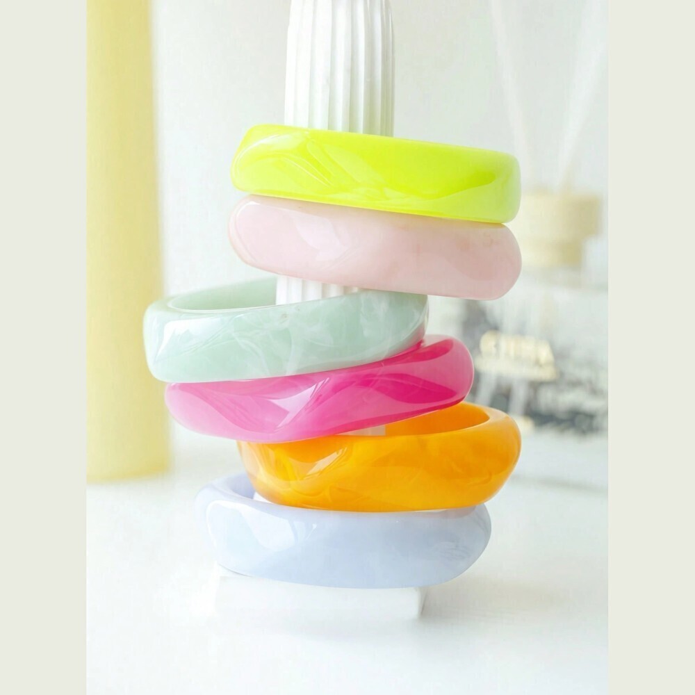 6-Piece Multicolor Resin Bangle Set - Pink & Yellow & Blue Pastel Tones